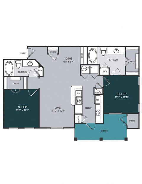 Floor plan for 2 beds, 2 baths, 1064 sqft